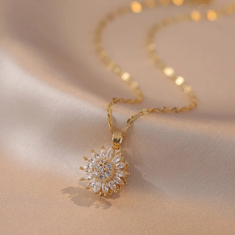Kinetic Spinning Flower Necklace – Zircon Pendant