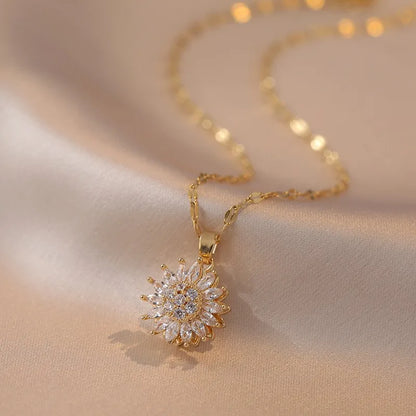 Kinetic Spinning Flower Necklace – Zircon Pendant