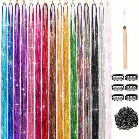 12-color sparkly hair tinsel extension kit